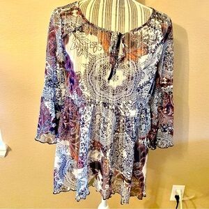 Lavender Sky Tunic Top Medium Boho White Sheer Navy Blue Barbie Pink Floral